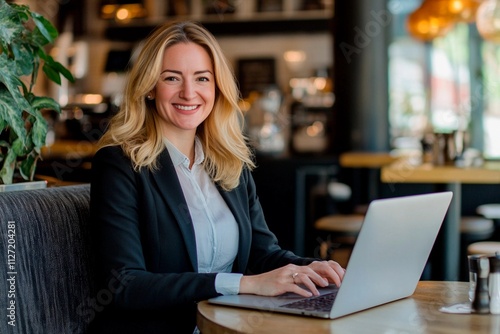 Smiling professional works on laptop in vibrant cafe setting during daytime