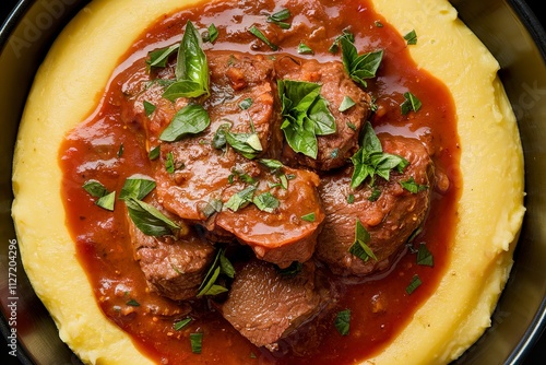 a bowl of creamy yellow polenta topped with a rich, red sauce containing cooked chunks of beef meat