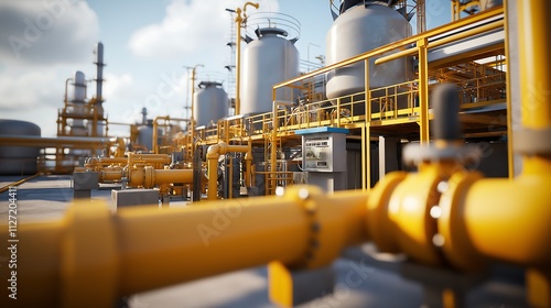 Natural gas processing facility, complex piping systems, clean industrial look.