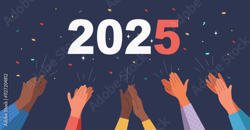 Male and female clapping hands thanking or showing appreciation at event. 2025 concept. Flat style cartoon vector illustration.