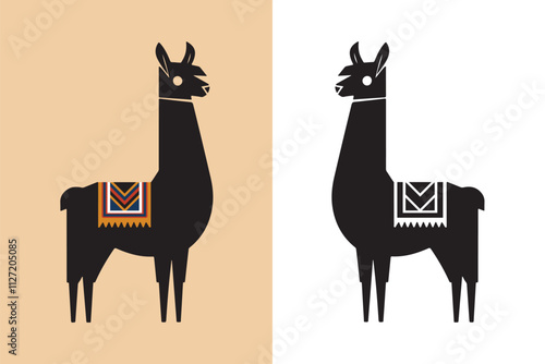A silhouette of a llama design with colorful saddle On background. A llama shape in unique styling design Illustrations.

