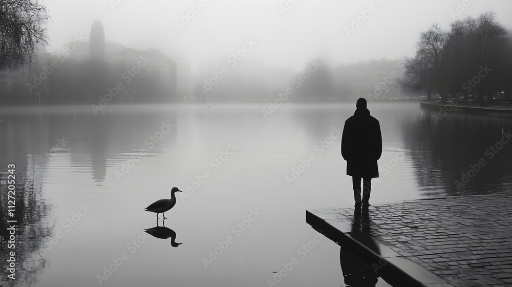 custom made wallpaper toronto digitalSilhouette of a man standing by a foggy lake with a bird nearby, evoking solitude and calm.
