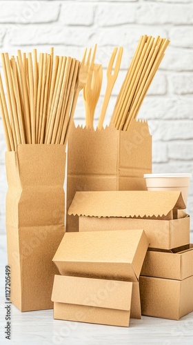 Set of eco-friendly craft paper food packaging boxes, bags, and cups displayed against a white brick wall. Ideal for showcasing sustainable packaging designs or branding ideas photo