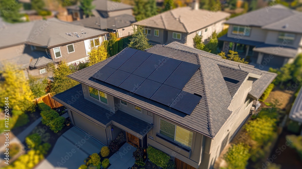 Residential home with roof-mounted solar panels, a sustainable energy solution for modern living. - Residential home with roof-mounted solar panels, a sustainable energy solution for modern living. -