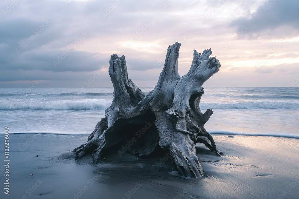 A weathered tree stump on a beach at sunset, surrounded by gentle waves and clouds. A weathered tree stump on a beach at sunset, surrounded by gentle waves and clouds.