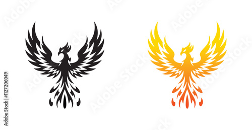 A silhouette of a Phoenix with wings spread On white background. A black & fire color phoenix logo-shape.