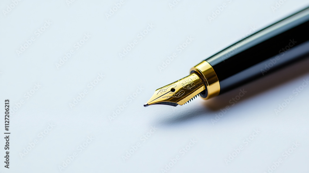 Sophisticated fountain pen with a gold nib, poised on a blank sheet of paper, hinting at the beginning of a new story or letter Sophisticated fountain pen with a gold nib, poised on a blank sheet of paper, hinting at the beginning of a new story or letter