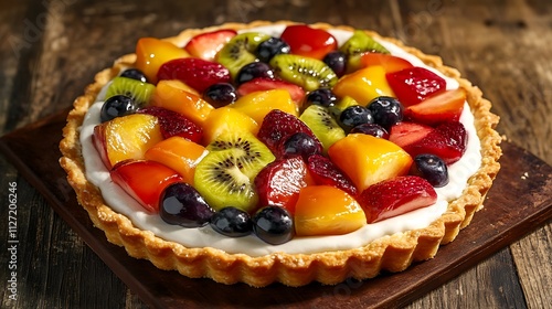 A fruit tart filled with cream and topped with vibrant fresh fruits