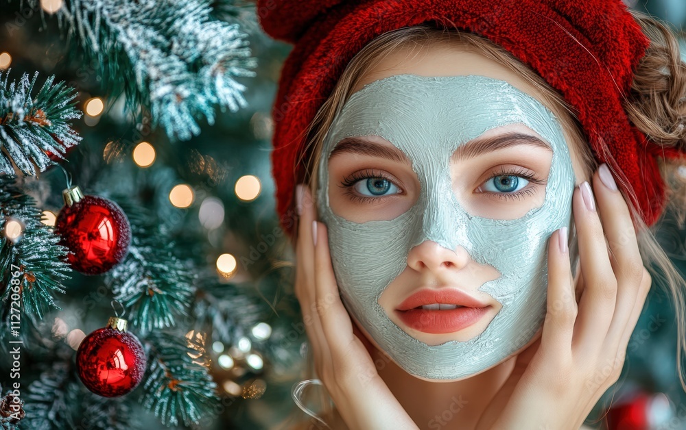 Beautician applying white clay mask to face of beautiful young woman in beauty salon. Spa treatments concept on christmas background Beautician applying white clay mask to face of beautiful young woman in beauty salon. Spa treatments concept on christmas background
