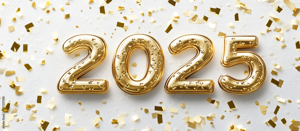Festive 3D golden text 2025 with confetti accents. Festive 3D golden text 2025 with confetti accents.