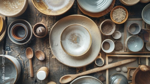 Rustic ceramic tableware and spices arranged on a wooden surface photo