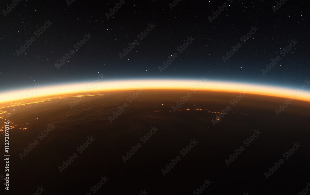 Fototapeta premium The Earths curvature with a bright sunrise emerging over the horizon and a backdrop of distant stars