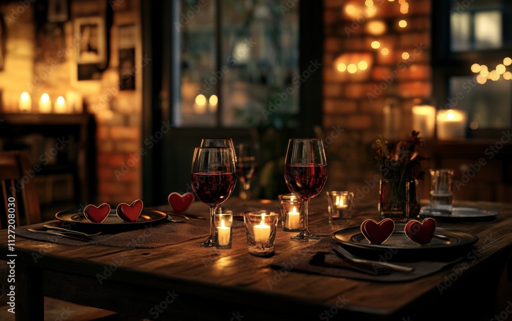 A beautifully set dinner table with candles, red wine, and heart-shaped plates, glowing warmly in a cozy room A beautifully set dinner table with candles, red wine, and heart-shaped plates, glowing warmly in a cozy room