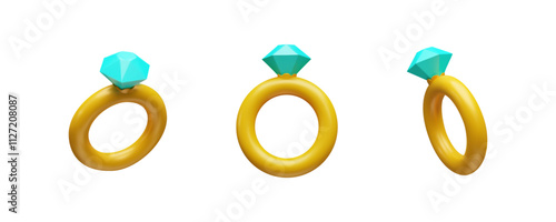 3d illustration of a set with the image of a jewelry gold ring with a stone from different sides.