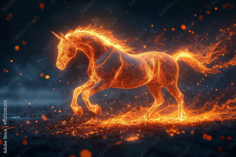 Fiery horse galloping dynamically through a dark, mystical landscape. Generative AI Fiery horse galloping dynamically through a dark, mystical landscape. Generative AI