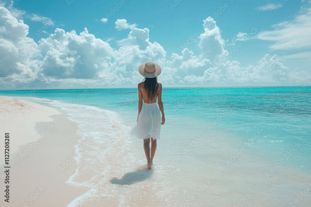 A woman walking along a serene beach, enjoying the tranquil ocean view and clear skies. A woman walking along a serene beach, enjoying the tranquil ocean view and clear skies.