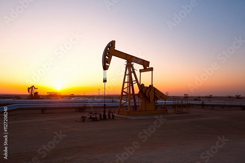 Golden hour at the oil field as pumps work tirelessly under a colorful sky photo