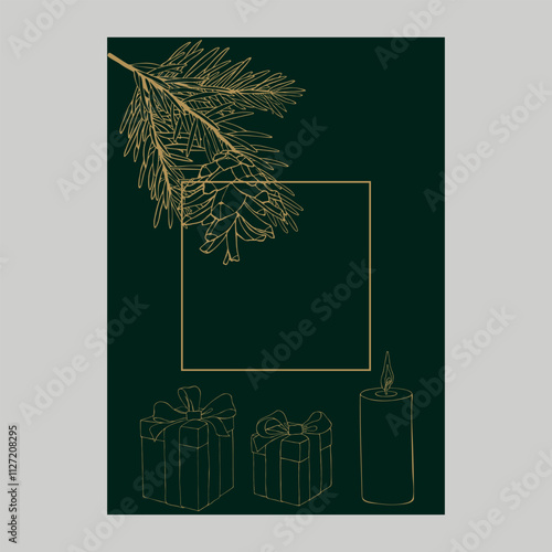A Christmas card. Vector illustration on a dark green background with golden branches of a Christmas tree.
