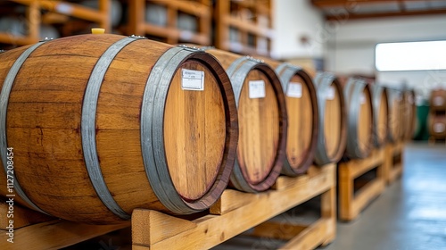 A row of wooden wine barrels inside a winery, showcasing the craftsmanship and storage for aging fine wines. photo