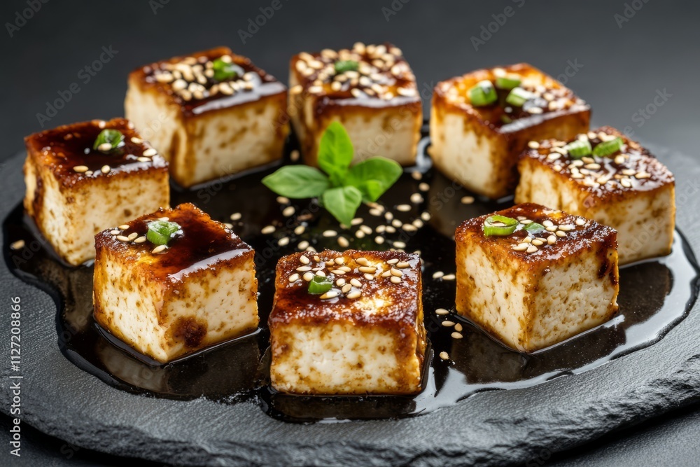 Delicious pan-fried tofu cubes with sesame seeds and soy sauce drizzle Delicious pan-fried tofu cubes with sesame seeds and soy sauce drizzle