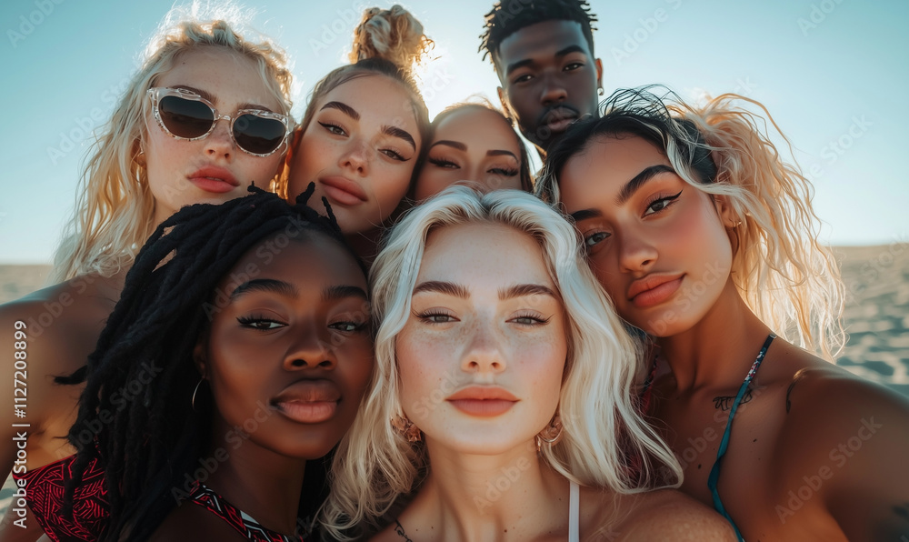 Diverse group of friends enjoying a beach day coastal landscape group portrait sunny atmosphere close-up view friendship and fun Diverse group of friends enjoying a beach day coastal landscape group portrait sunny atmosphere close-up view friendship and fun