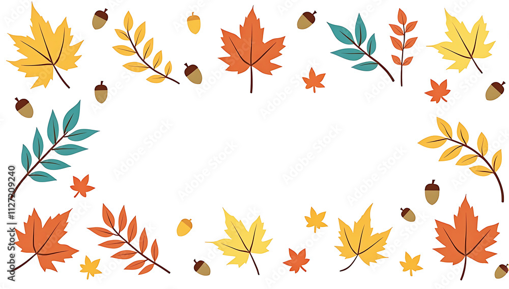 Obraz premium Autumn leaves, colorful foliage, oak leaf, maple leaf, acorns, stars, whimsical illustration, flat design