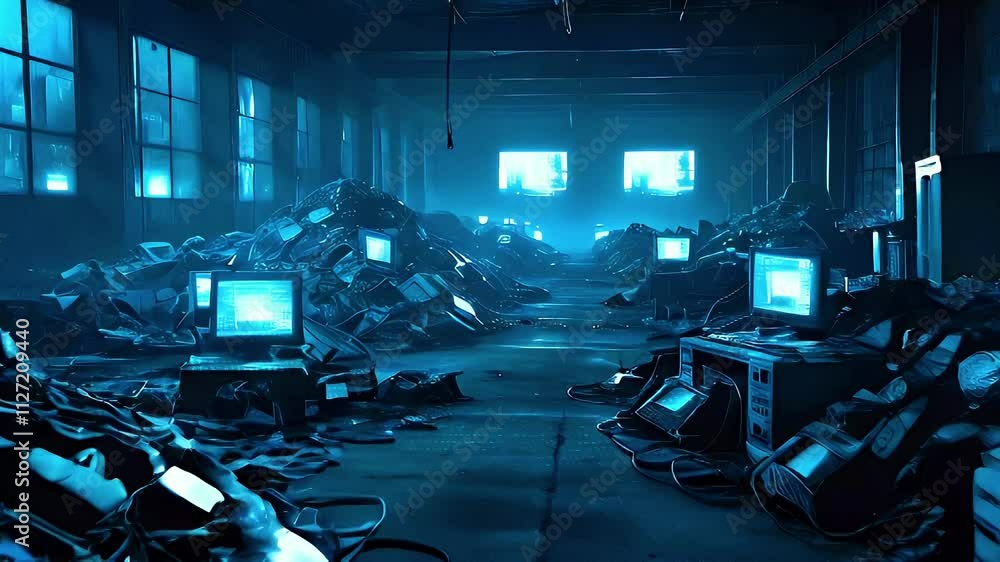 A dimly lit warehouse filled with discarded computers and technology waste.