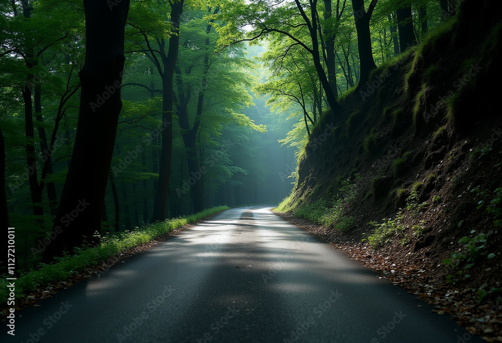 Obraz premium Sunlit road winding through a lush green forest, creating a serene and mystical atmosphere.