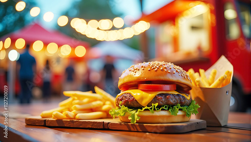 Fototapeta Naklejka Na Ścianę i Meble -  Cheeseburger with fries and coffie cup on the table in restaurant, wooden table, blurred restaurant background