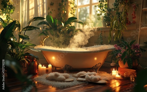 A cozy bath scene with fluffy slippers, aromatic candles, and a steaming herbal soak surrounded by plants