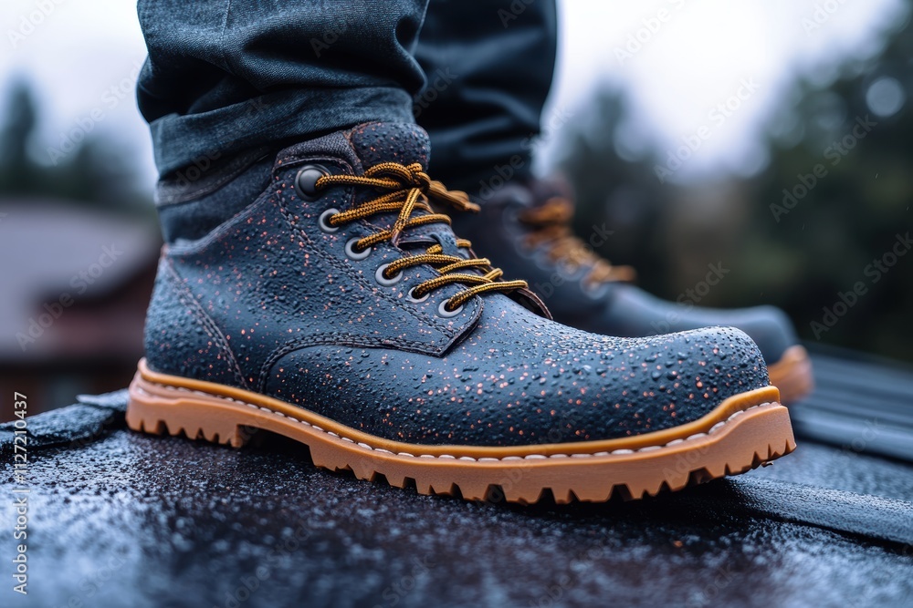 Close-up view of durable non-slip shoes designed for safe work environments in wet conditions Close-up view of durable non-slip shoes designed for safe work environments in wet conditions