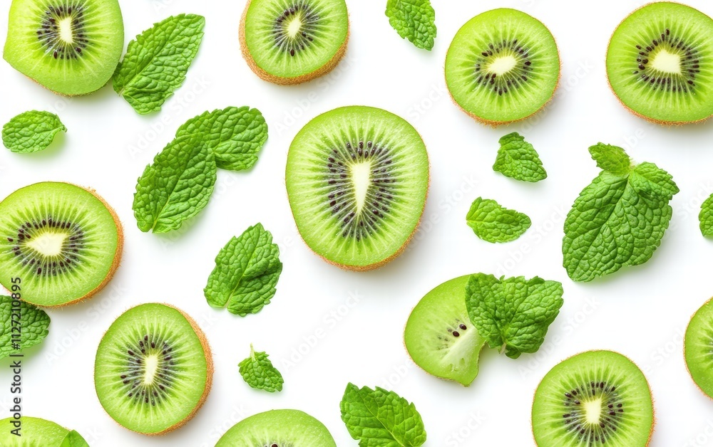 Fototapeta premium A green smoothie with slices of kiwi and mint leaves on bright and clean white background