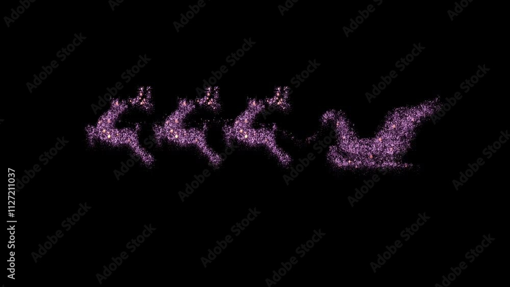 Purple lights in the shape of christmas sleigh carrying christmas sleigh in animated colorful lights, on black background Purple lights in the shape of christmas sleigh carrying christmas sleigh in animated colorful lights, on black background
