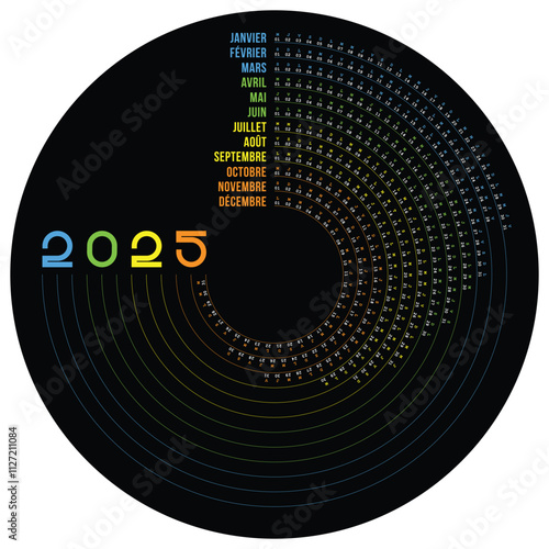 Calendrier 2025 en Français, Design Créatif, Forme Ronde, Modifiable et Coloré
