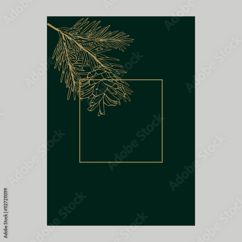 A Christmas card. Vector illustration on a dark green background with golden branches of a Christmas tree.
