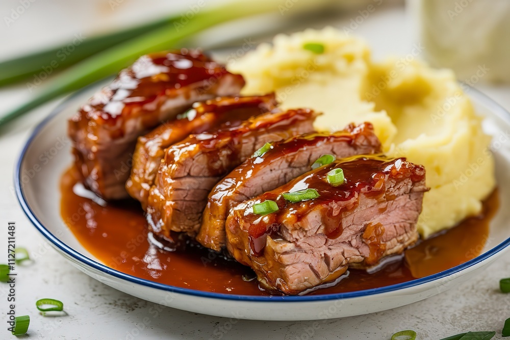pork meat BBQ in teriyaki sauce, served with mashed potatoes pork meat BBQ in teriyaki sauce, served with mashed potatoes