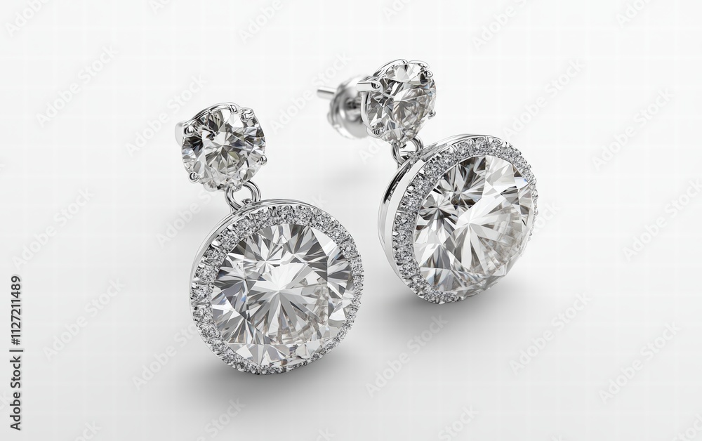 A pair of diamond earrings on bright and clean white background A pair of diamond earrings on bright and clean white background