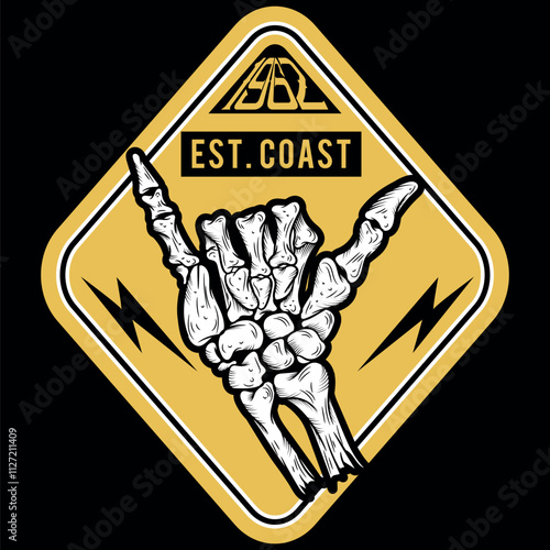 Illustration of a hand in bones making the surfer sign, accompanied by elements alluding to the beach lifestyle, fun and vacations. Patch and stitching simulation holiday season.