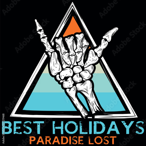 Illustration of a hand in bones making the surfer sign, accompanied by elements alluding to the beach lifestyle, fun and vacations. Patch and stitching simulation holiday season.