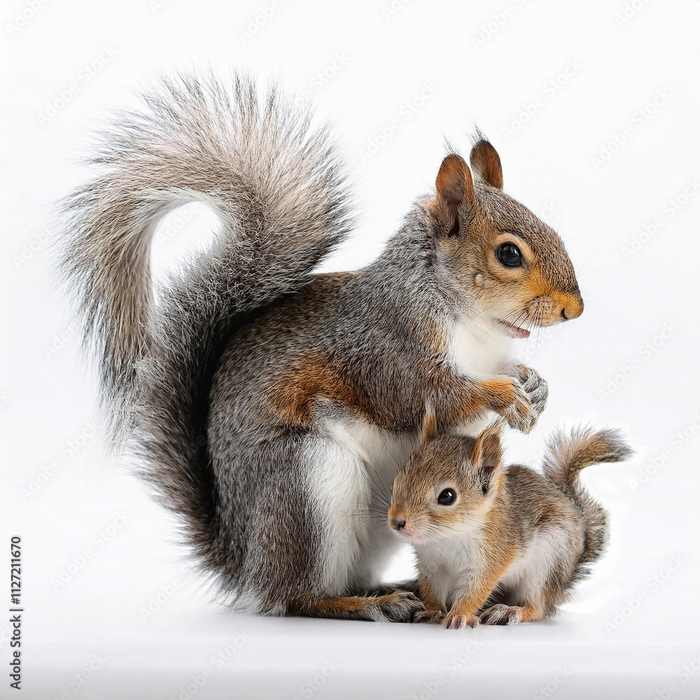 Obraz premium Generated imageécureuil, maman, bébé, animal, rongeur, mammifère, joli, faune, rouge, nature, animal, queue, sauvage, fourrure, mangeant, noix, arbre, gris, parc, brun, poilu, arachide, petit, isolé, 