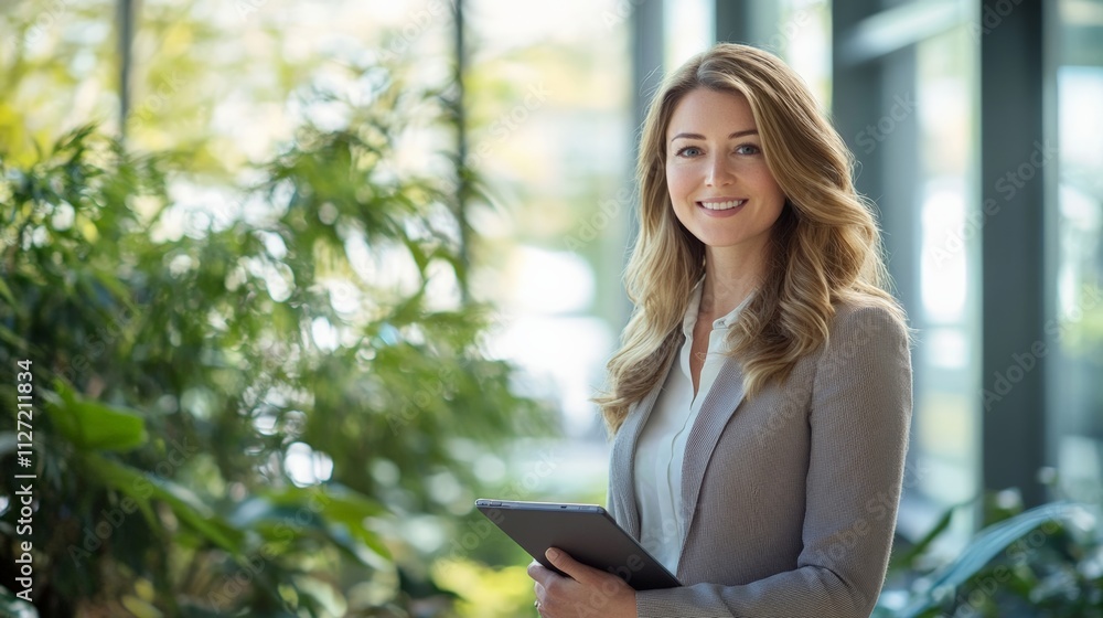 Fototapeta premium Confident Businesswoman Smiling in Office Surrounded by Green Plants
