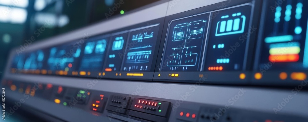 Smart Grid Energy Storage. Smart energy grid concept, futuristic control panel managing energy flow and storage systems, 3D illustration Smart Grid Energy Storage. Smart energy grid concept, futuristic control panel managing energy flow and storage systems, 3D illustration