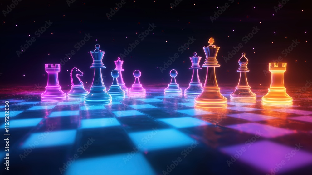 Schachspiel mit leuchtenden Figuren auf futuristischem Brett Schachspiel mit leuchtenden Figuren auf futuristischem Brett