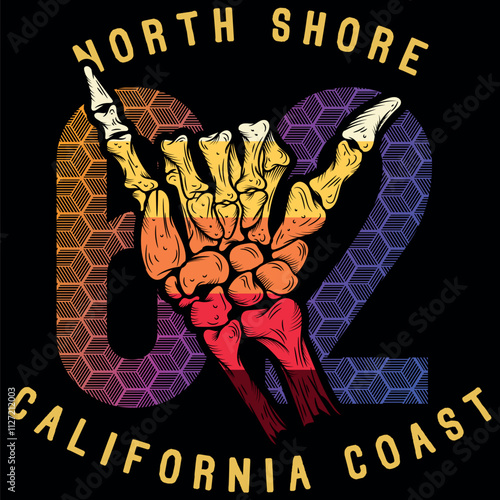 Illustration of a hand in bones making the surfer sign, accompanied by elements alluding to the beach lifestyle, fun and vacations. Patch and stitching simulation holiday season.