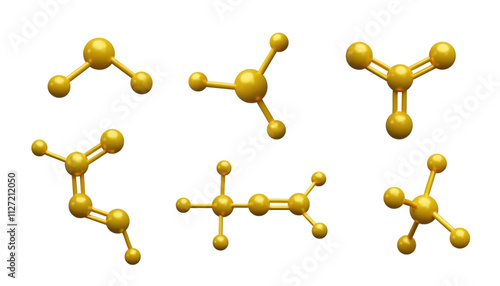 Vector 3d illustration of set of molecules in gold color in different compounds.