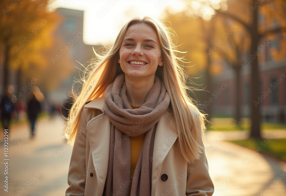 A smiling blonde woman in a beige coat and scarf enjoys autumn sunlight outdoors. A smiling blonde woman in a beige coat and scarf enjoys autumn sunlight outdoors.