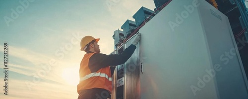 Smart Grid Energy Storage. A technician inspecting a largescale battery storage unit connected to a renewable energy powered smart grid