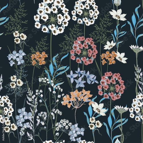 Blooming midsummer meadow seamless pattern. Plant background for fashion prints