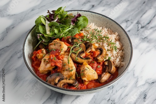 A photo of a bowl containing chicken pieces and mushrooms sautéed in tomato sauce
