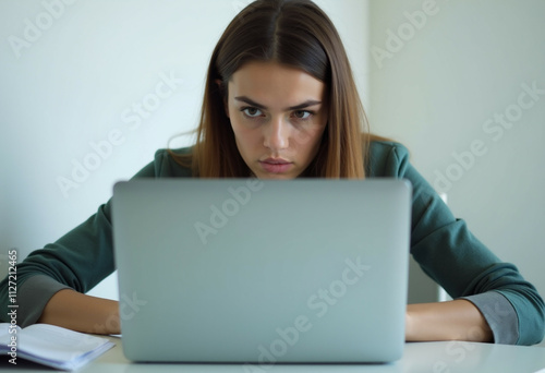 Focused young woman intently working on her laptop, concentrating on the screen.